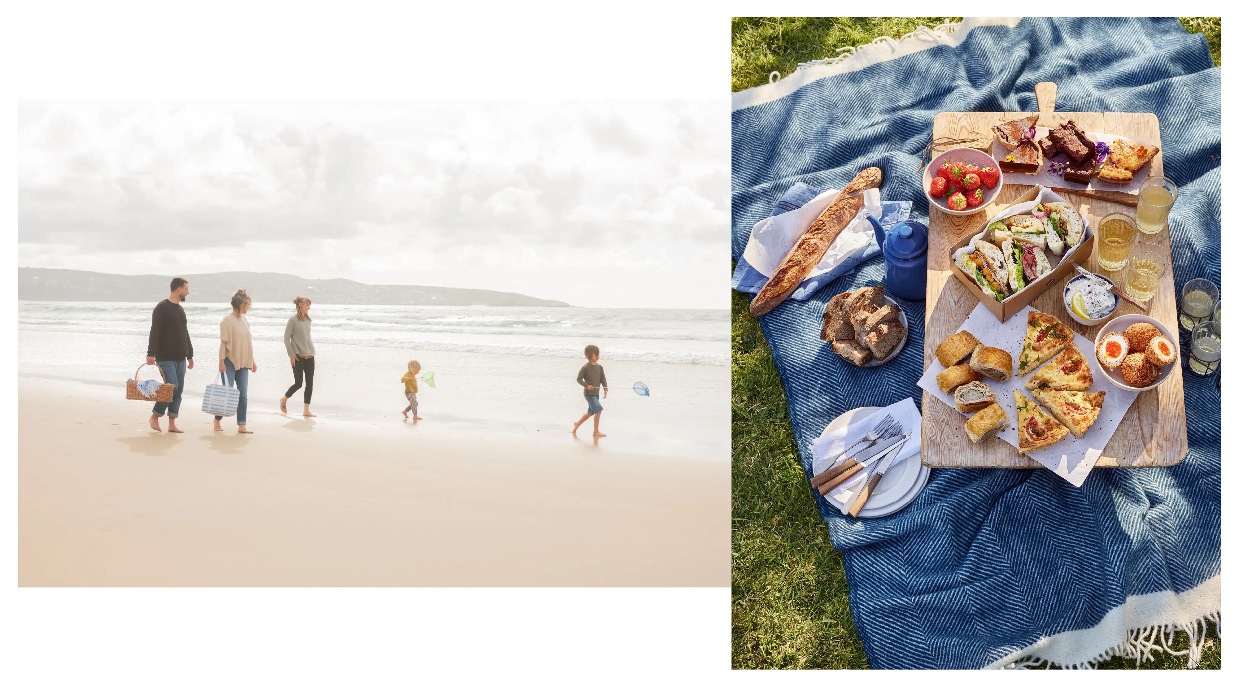 Two images overlapping. The one on the left is of a family walking on the beach carrying picnic baskets and crabbing nets. The one on the right is of a large picnic on a wooden board and blanket.